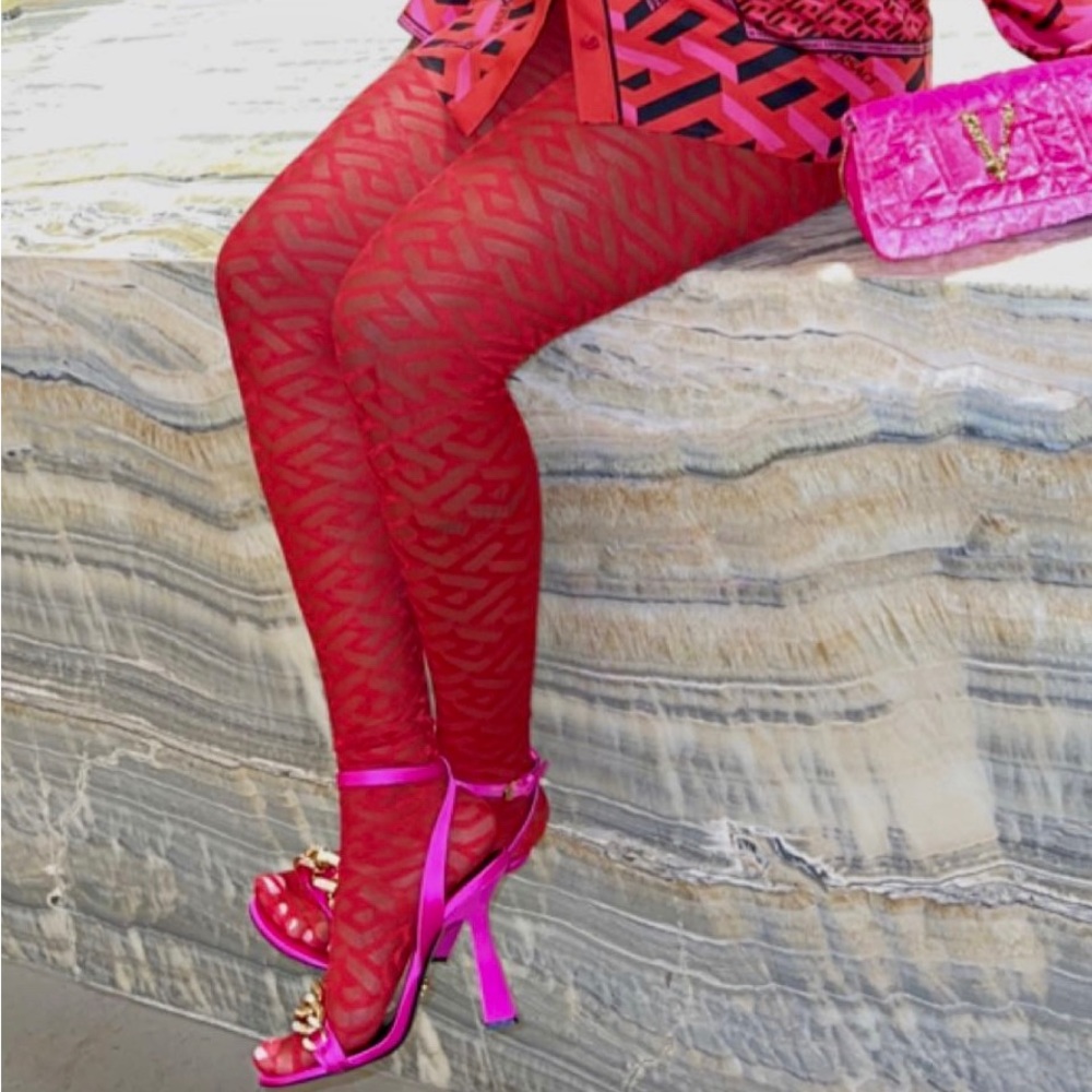 Red Versace Monogram Sheer Tights  (Small)